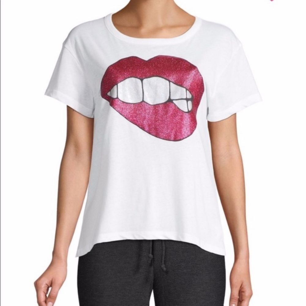 Chaser Pink Glitter Mouth Lips Crew Neck T Shirt Medium New